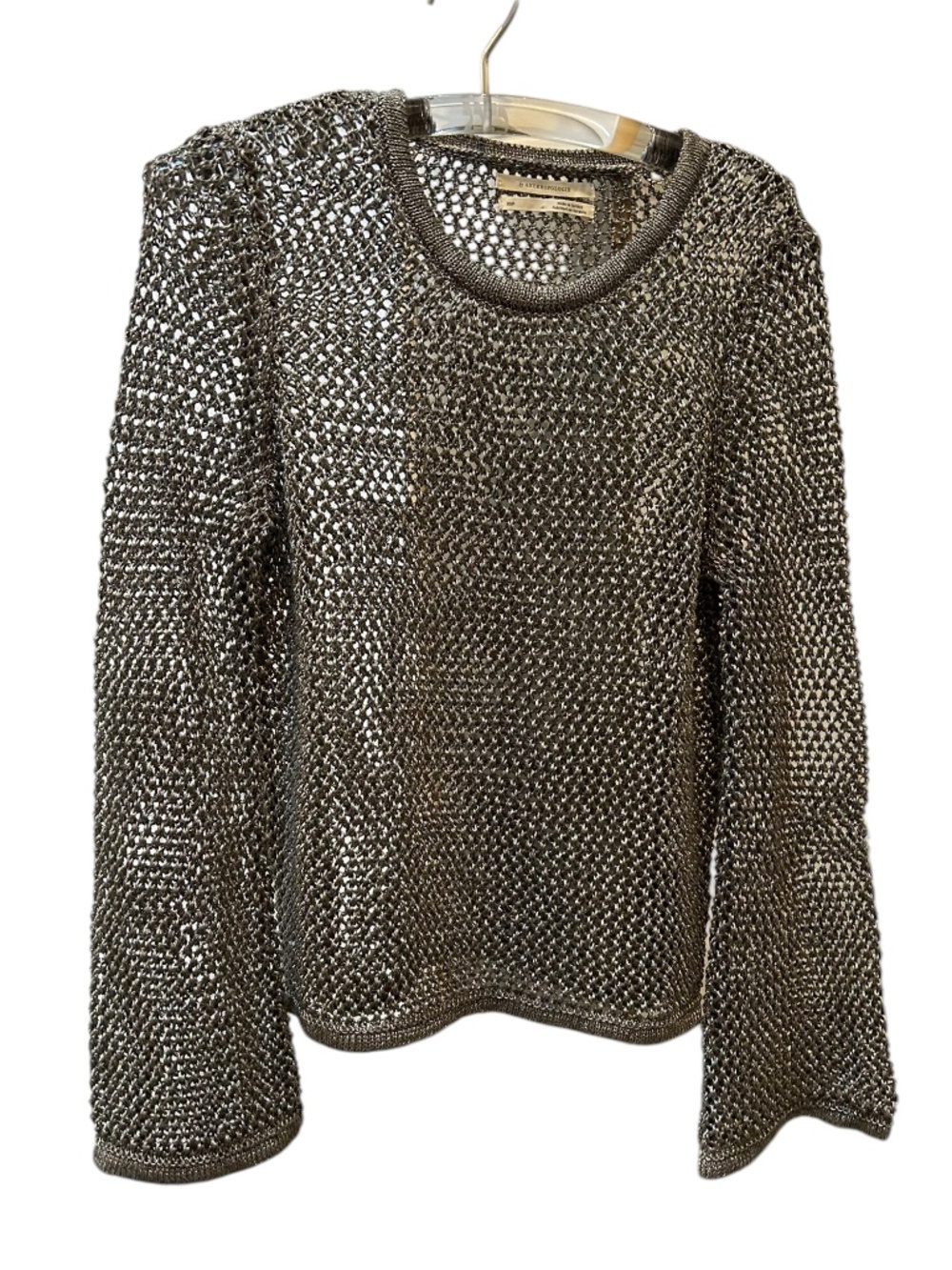 Anthropologie metallic silver crochet knit FESTIVAL top sweater XS